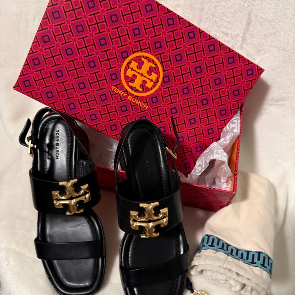 Tory Burch Black Sandals with Gold Accents